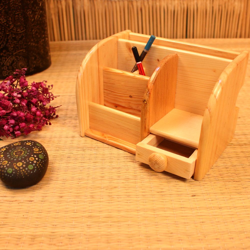 Wooden Pen & Card Holder With Drawer
