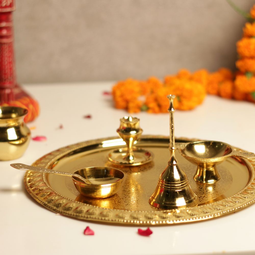 GOLDEN BRASS POOJA THAALI SET OF 7