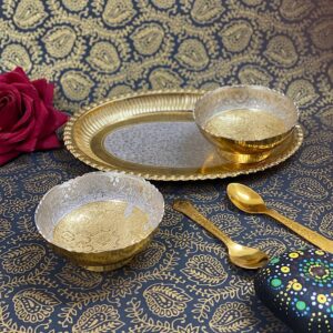TWO TONE OVAL TRAY TWO BOWL SET BRASS