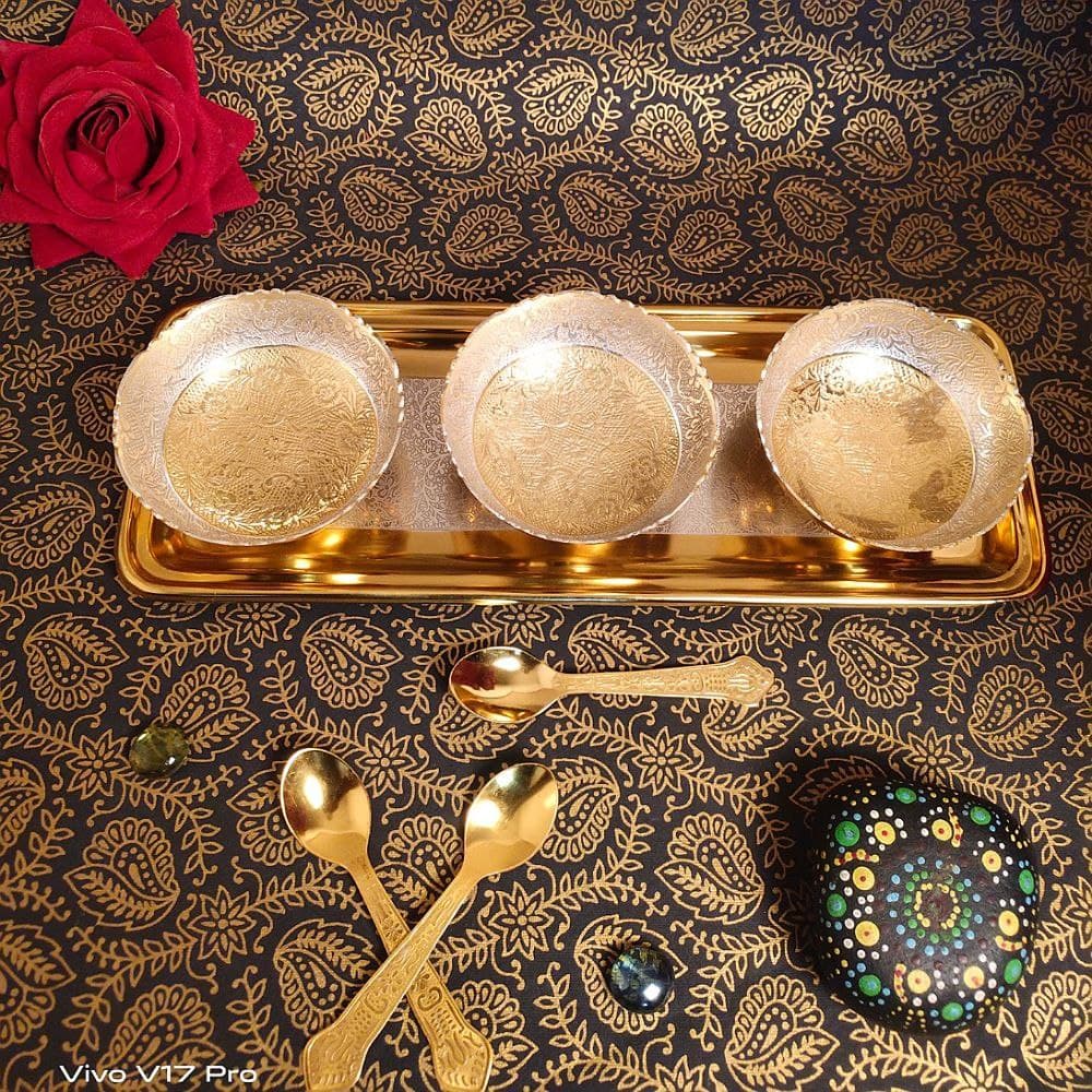 German Silver 3 Bowl Set With Spoon & Tray