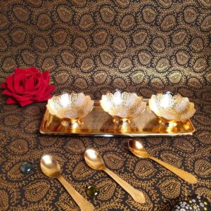 GOLDEN BRASS KAMAL CUTTING 3 PCS BOWL SET WITH SPOON & TRAY