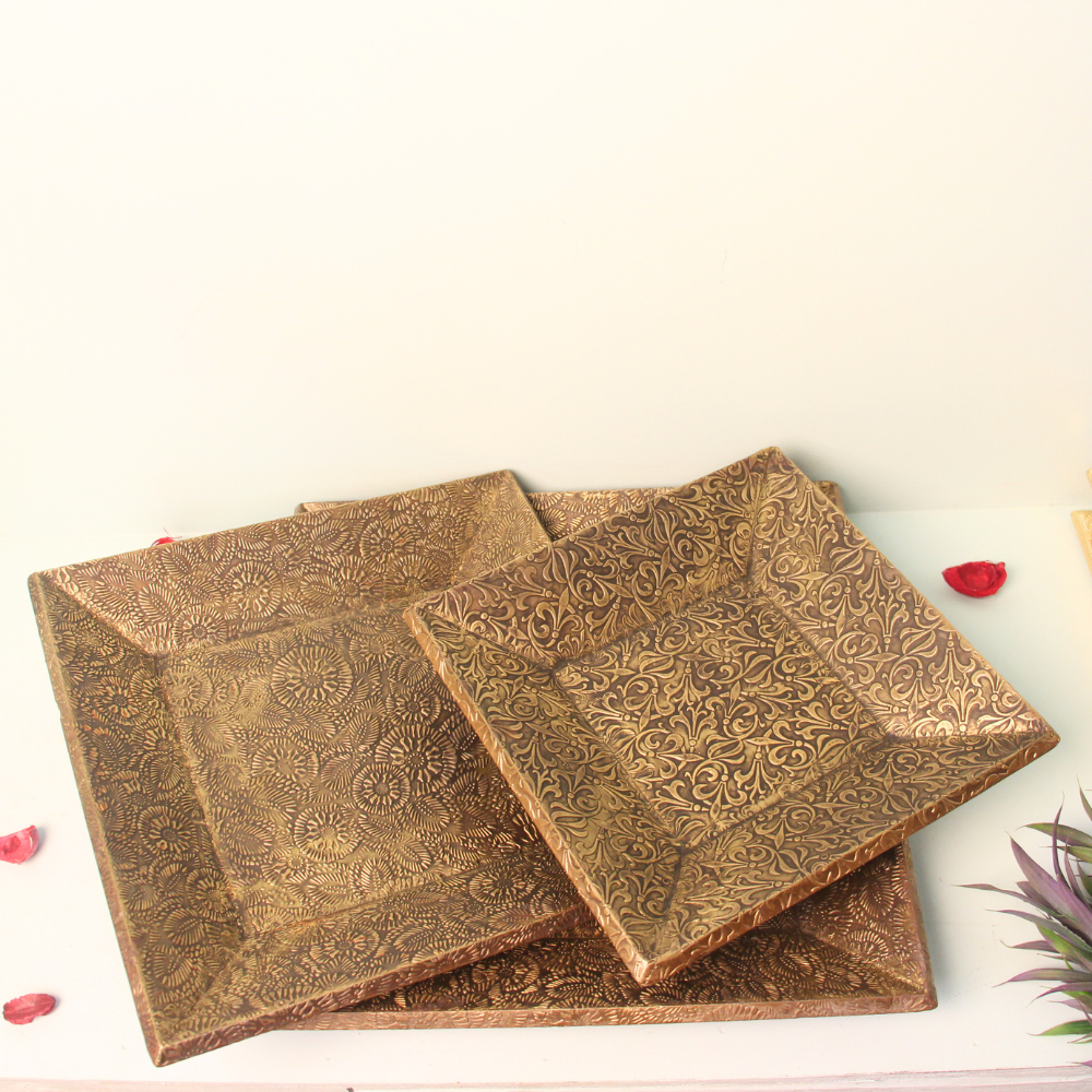 Wooden Brass Tray Set Of 3