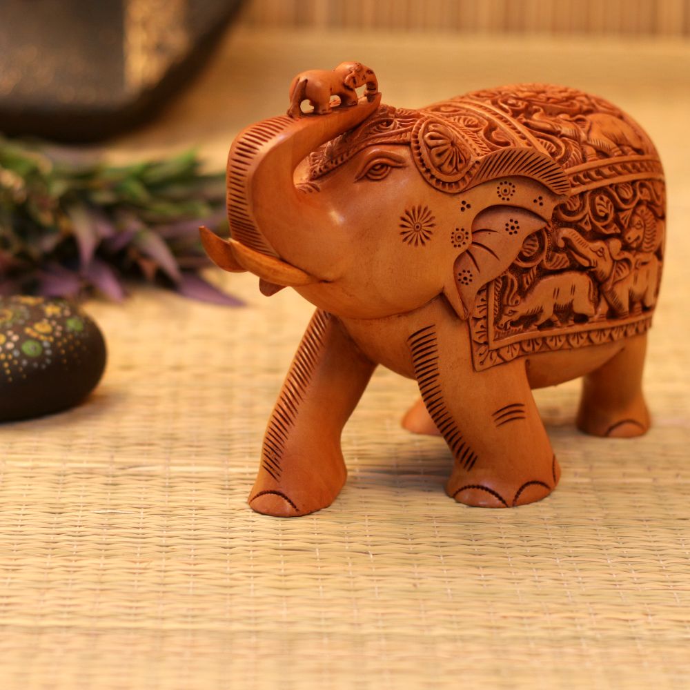 WOODEN CARVED ELEPHANT WITH CALF