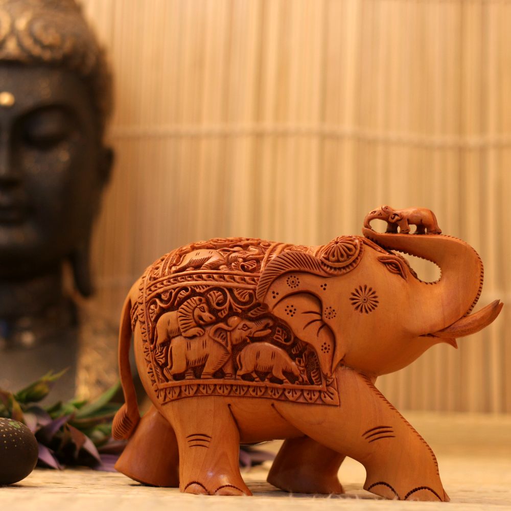 WOODEN CARVED ELEPHANT WITH CALF