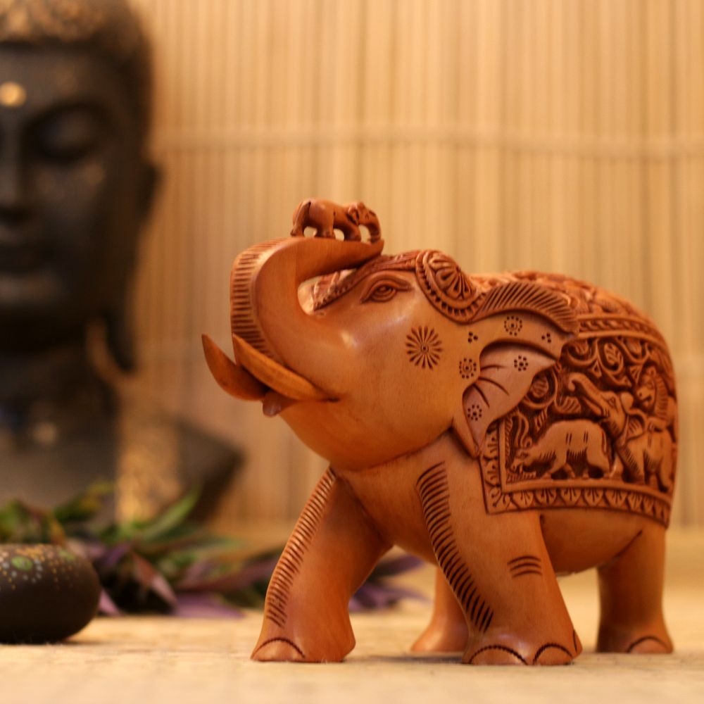 WOODEN CARVED ELEPHANT WITH CALF