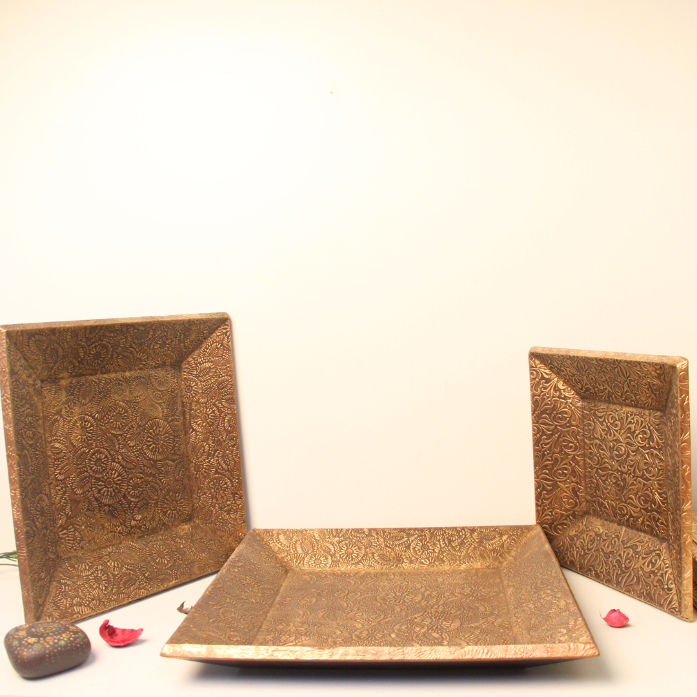 Wooden Brass Tray Set Of 3