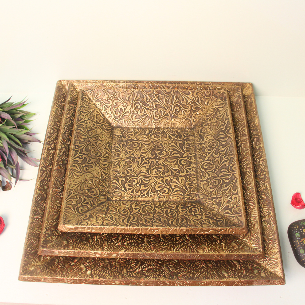 Wooden Brass Tray Set Of 3