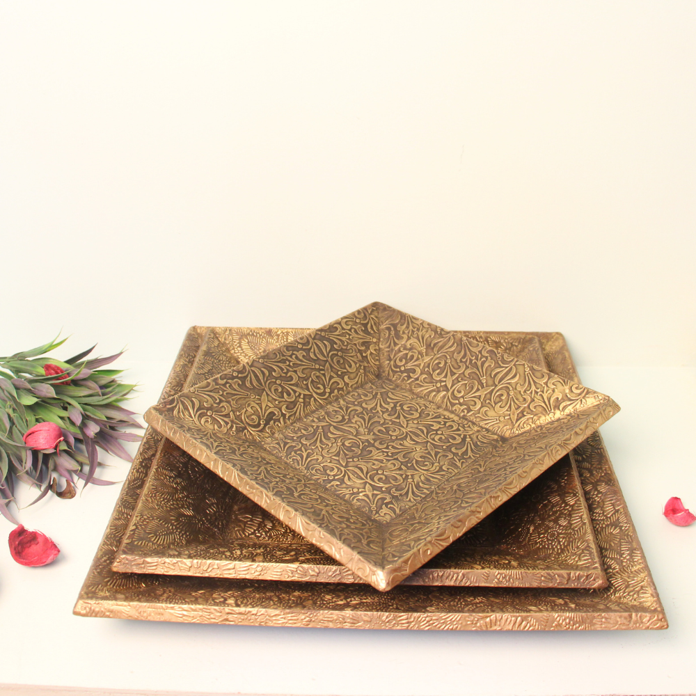 Wooden Brass Tray Set Of 3