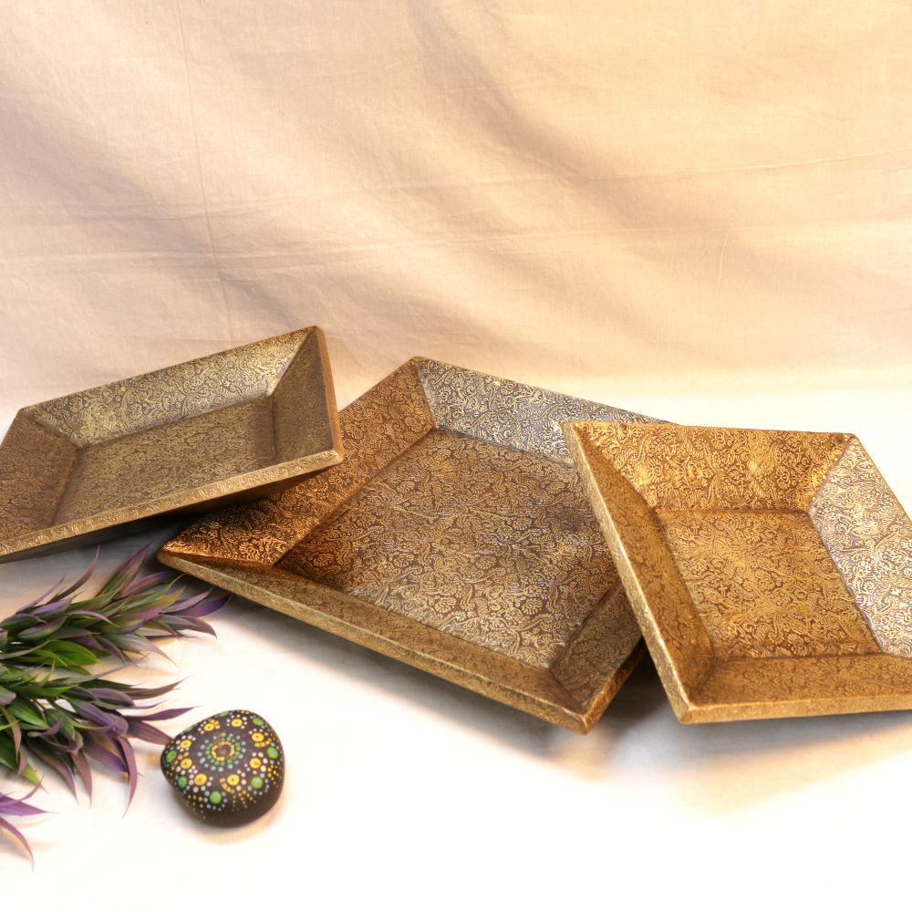 Wooden Brass Tray Set Of 3